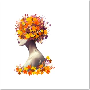 Floral lady, cute girl with autumn leaves, berries and butterflies, autumn is coming Posters and Art